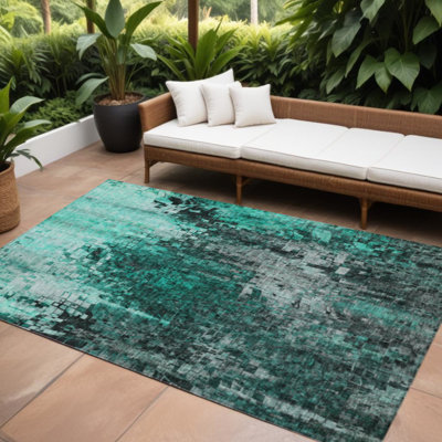 Tapis extérieur lavable abstrait bleu sarcelle 10 pi x 14 pi bleu turquoise et gris