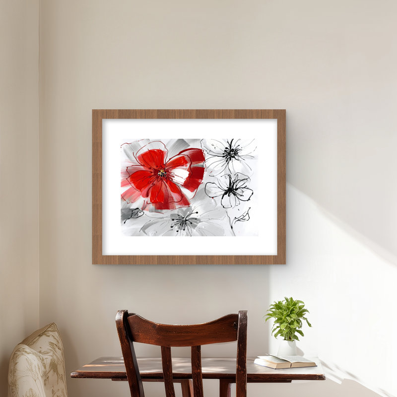 Fleurs rouges et grises - impression florale encadrée pour chambre à coucher