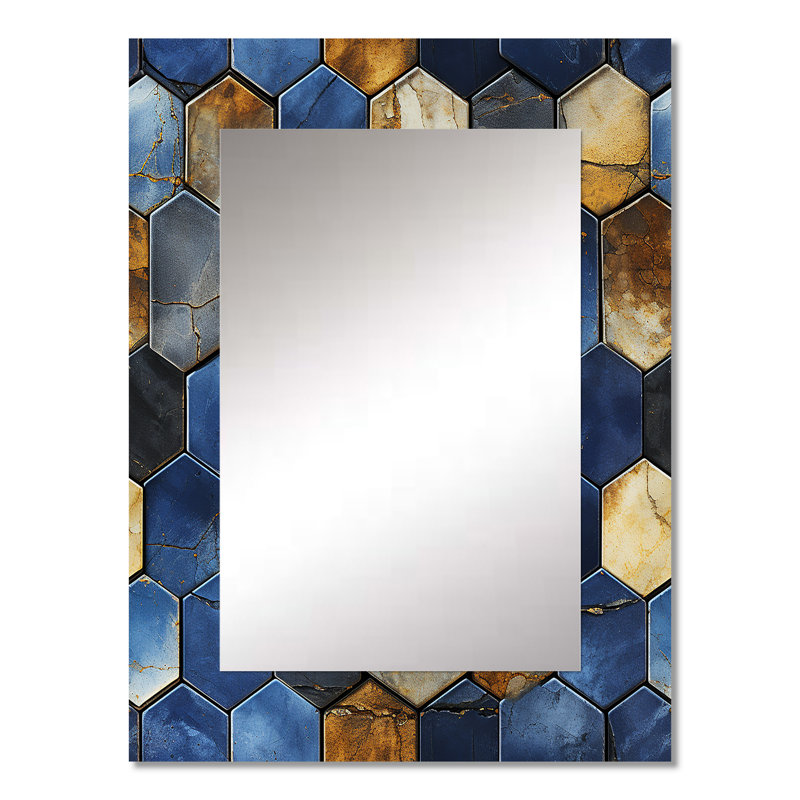 Gris et bleu Hexagone Symmetry - miroir géométrique, miroir mural géométrique unique, impression d'art en métal