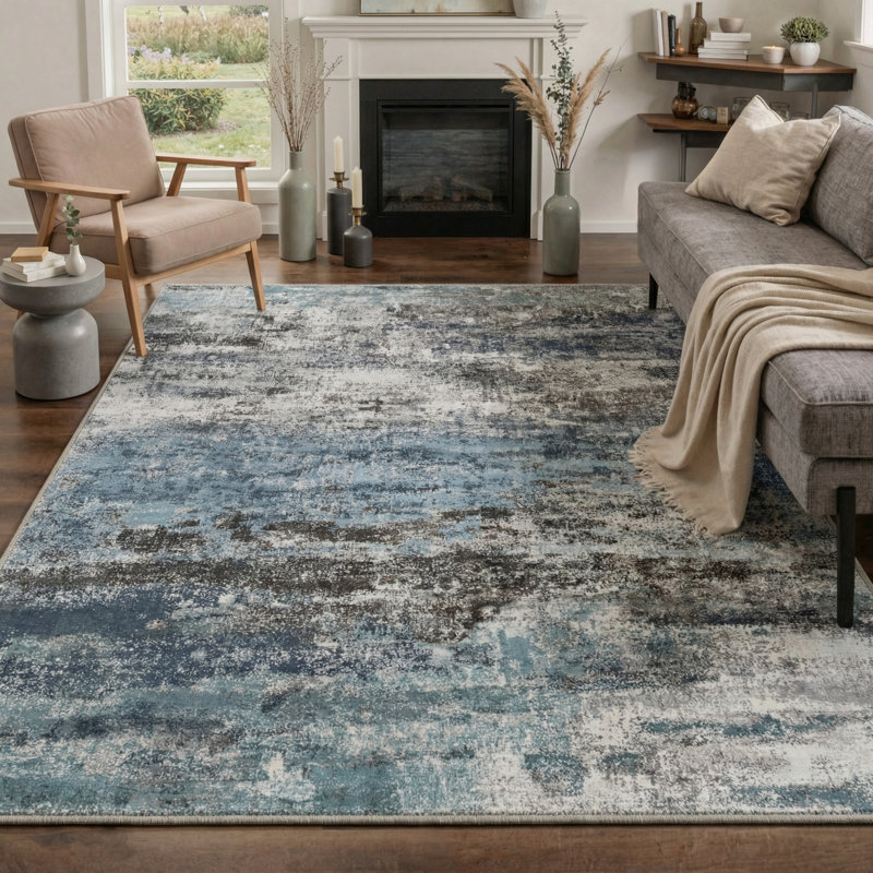 Comeau Aura Modern Abstract Machine Washable Blue / White / Black Indoor Area Rug with Non-Slip Backing, Rectangle 5' x 7'