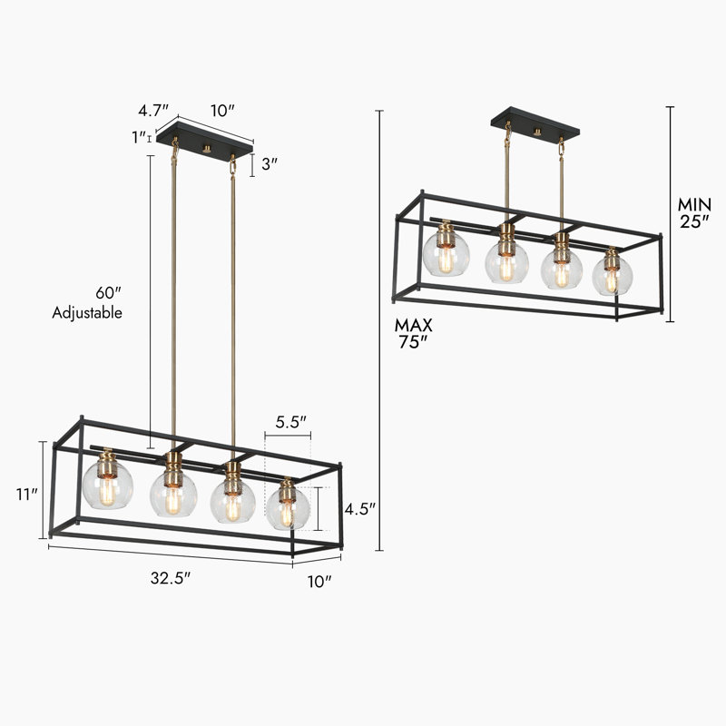 Jorinde 4-Light Modern Farmhouse Rectangle Black Metal  Chandelier with Seeded Glass Shade