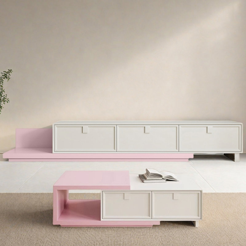 Expandable Solid Wood TV Stand & Coffee Table Set, Cream/Pink