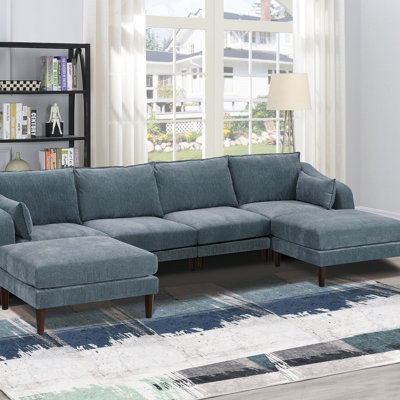 Modern Gorgeous Mineral Morgan Fabric 6Pcs Modular Sectional Set Armless Chairs One Arm Chair Ottoman U-Shaped Couch Living Room (Sectional)