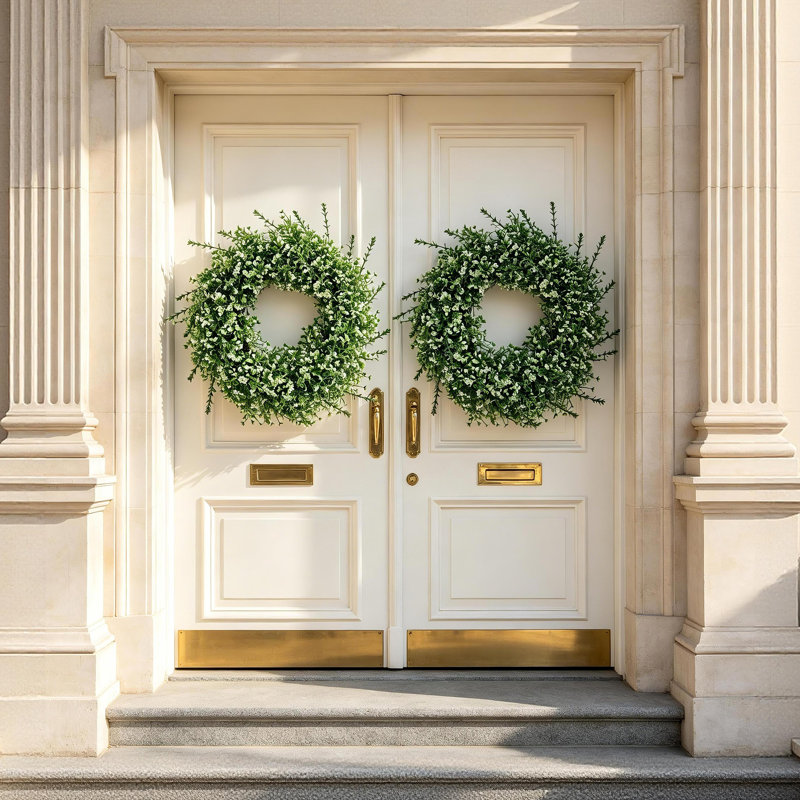 Couronne artificielle de 66 cm avec graines blanches – Décoration de porte en fausse verdure, style champêtre, idéale pour le printemps, l'été et toutes les saisons, verte