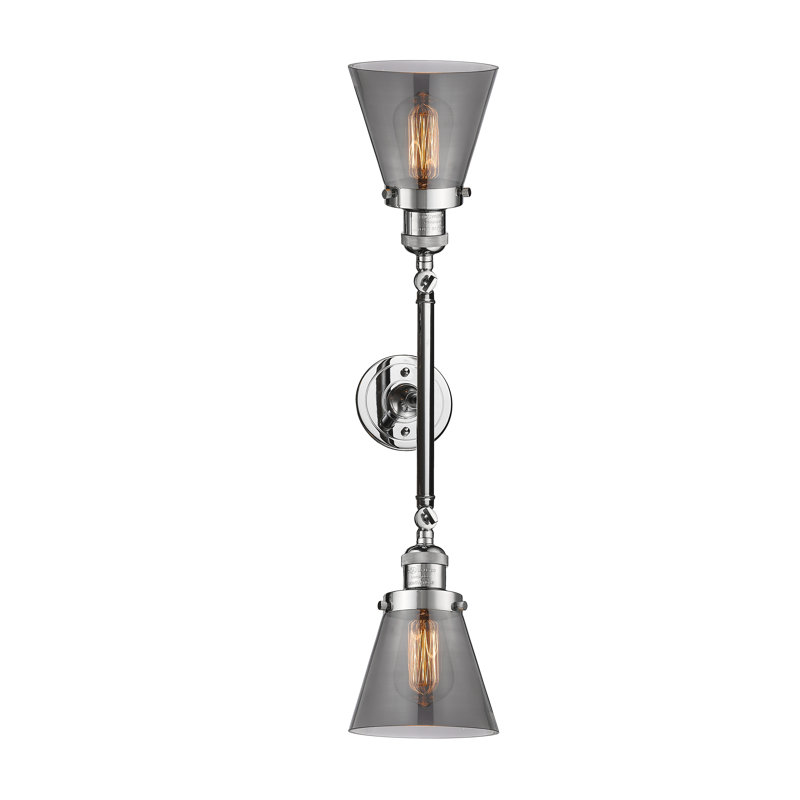 Cone 2 Light Tiltable Bath Vanity Light, 60 Watt Vintage Incandescent Bulb, Polished Chrome, Plated Smoke