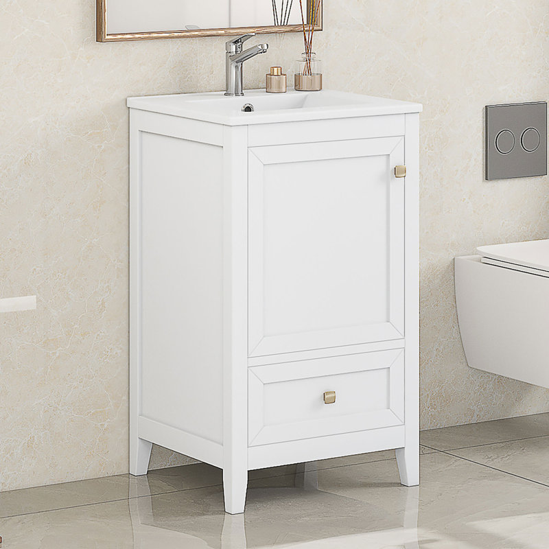 Meuble-lavabo de 20 po avec lavabo, armoire de salle de bain avec porte à fermeture douce, support de rangement et tiroir, blanc