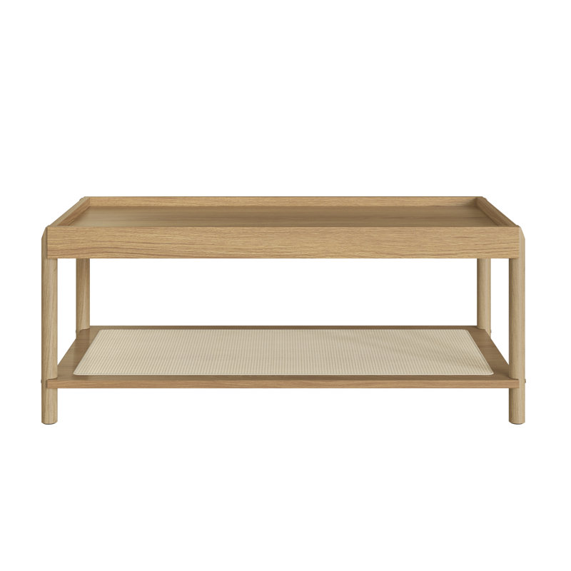 Jaccob Coffee Table Wood Legs Rattan Shelf Storage, Golden Oak