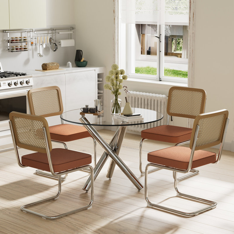 Elegant Round Glass Dining Table Set, 30"H x 36"L x 36"W, 5, Orange/Silver
