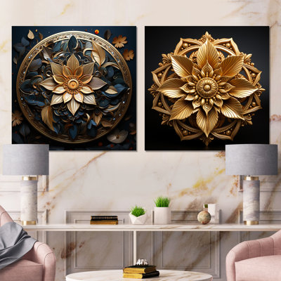 Mandala cercles dorés en or I - ensemble de 2 reproductions d'art sur toile Boho Mandala