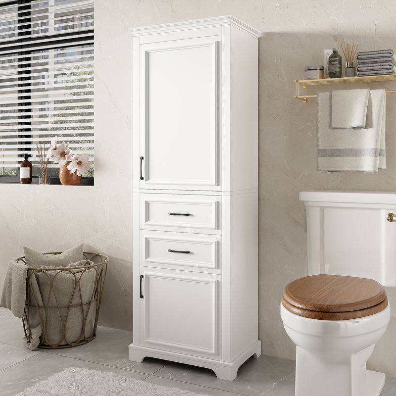 71-inch tall freestanding bathroom vanity with damping-hinge doors and drawers, featuring a modern elegant design. Includes adjustable shelves, a fixed shelf, and space-saving storage.