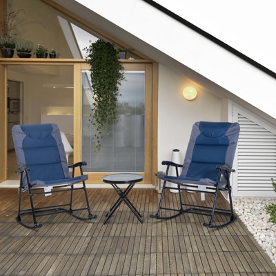 3 Piece Patio With 2 Folding Rocking Chairs & Glass Coffee Table, Bistro Style, Porch, Camping, Balcony, Modern Seat 3 Furniture Blue, For Balcony Romance