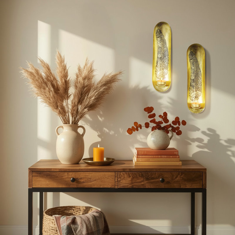 12.59" Metal Wall Tealight Holder with Feather Design for Ambient Lighting, Home Decor, and Christmas Decor