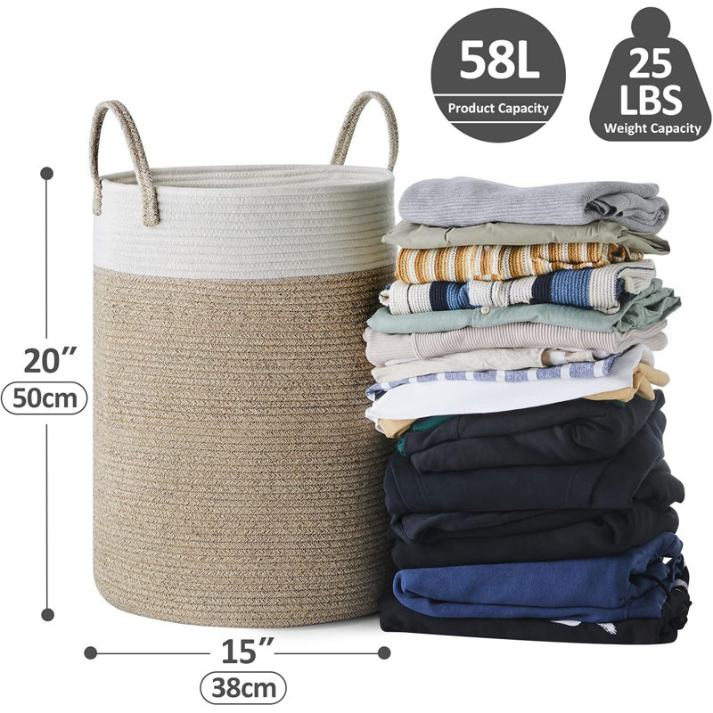Fabric Laundry Hamper, White/Brown