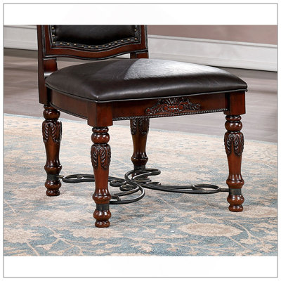 Majestic Traditional Set Of 2Pcs Side Chairs Brown Cherry Solid Wood Faux Wood Carved Details Black Leatherette Seats Formal Dining Room Furniture