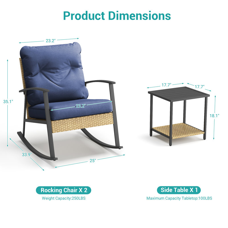 Ensemble de chaises berçantes 3 pièces avec table d'appoint et coussins, Marine