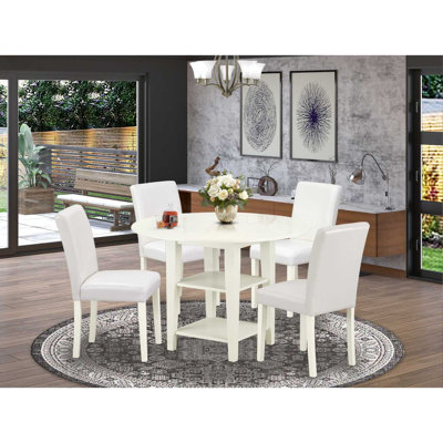 5 Piece Dining Table Set Includes a Round Dining Room Table with Dropleaf & Shelves and 4 White Faux Leather Parsons Chairs, Linen White