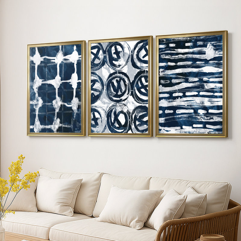 Indigo Memory I  -Custom Framed  Wrapped Gallery Canvas - 3 Pieces, 21" H x 30" W, Gold