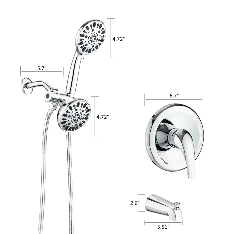 Système de douche haute avec bec de baignoire - robinet à double valve 2 en 1. 7 modèles de jet pour une expérience de rajeunissement. . Toute la structure métallique. 1,8 gallon par minute. Boyau de 59 po. Système de robinet à raccord 1/2 po.