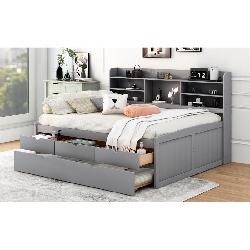 Full Size Bed With Built-In Bookcases, Three Large Storage Drawers And Trundle In Grey Hue Wooden Bookcase, Pull-Out, Full