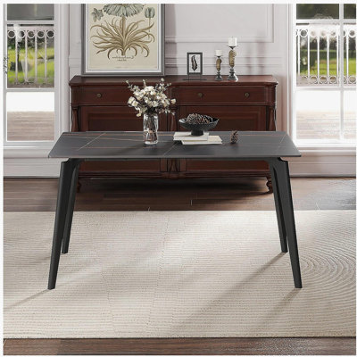 Table de salle à manger 55,12 po en pierre artificielle noire moderne avec rebords droits et pieds en métal noir pouvant accueillir 6 personnes (table de salle à manger seulement)