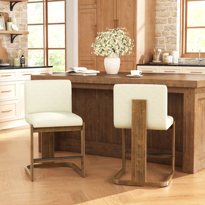 Ensemble de 2 tabourets de bar modernes en bois massif à hauteur de comptoir de 24 po, chaise d'îlot de cuisine rembourrée en lin