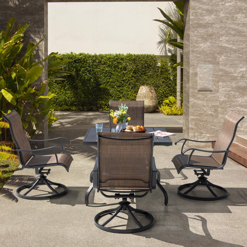 5-Piece Patio Iron Dining Set with Textilene Swivel Chairs, Brown and Black, Square, 4