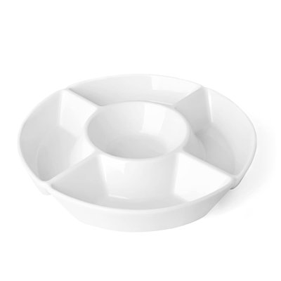 Ensemble de service Porcelain Chip & Dip, plateau divisé avec 5 compartiments, plateau à collation pour les collations, les légumes, les bonbons, durable, adapté au micro-ondes et au lave-vaisselle, design pour les fêtes, blanc