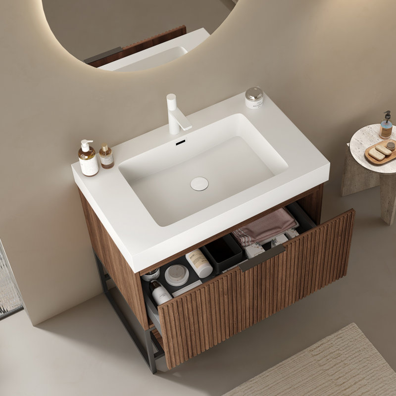 Meuble-lavabo à rayures 30 po avec lavabo encastré Yolan, armoire de rangement autoportante en contreplaqué à rayures avec tiroir et tablette ouverte, lavabo intégré blanc à surface solide rectangulaire sans robinet, pré-assemblé, noyer rétro