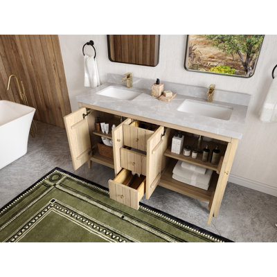 Atlanta White Oak Wood 60 In. W X 22 In. D Double Sink Bathroom Vanity With Cove Edge Quartz