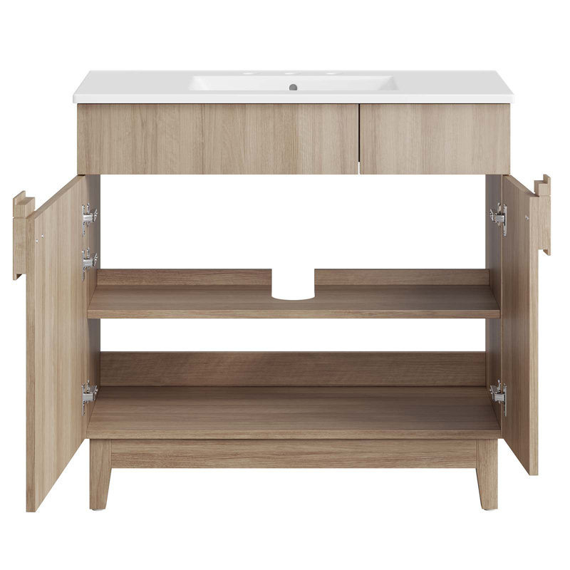 Modway Miles 36'' Free Standing Single Bathroom Vanity with Ceramic Top, White, Oak