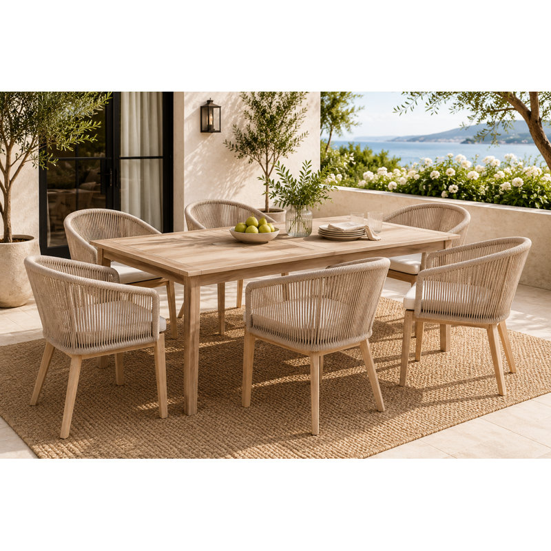 Ensemble de salle à manger d'extérieur Bowery 7 pièces en bois d'acacia pour 6 personnes avec coussins – Table rectangulaire, chaises tressées et trou pour parasol – Beige