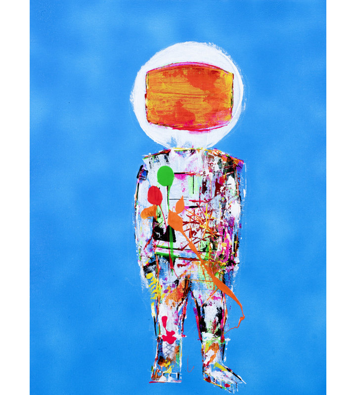 Astronaut On Blue #3 Print Canvas, 24" H x 18" W, Black Framed Canvas