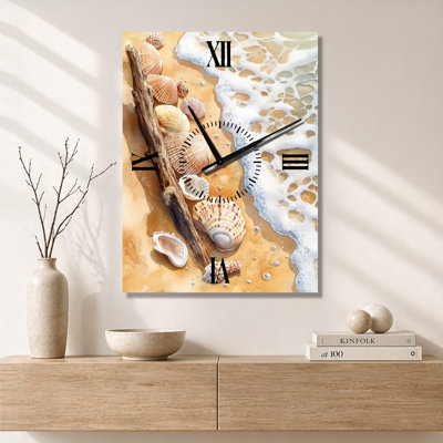 Seashells on Sandy Shore II - Coastal Metal Wall Clock