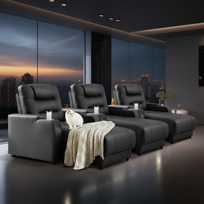 Modern Electric Power Reclining Home Theater Set: Breathable Faux Leather, Adjustable Backrests, Wireless Charging, Cup Holders (Set Of 3)