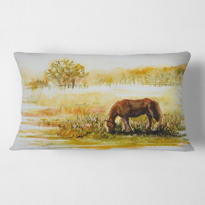 Rectangle, cheval broutant sur une prairie - Coussin décoratif imprimé maison de campagne