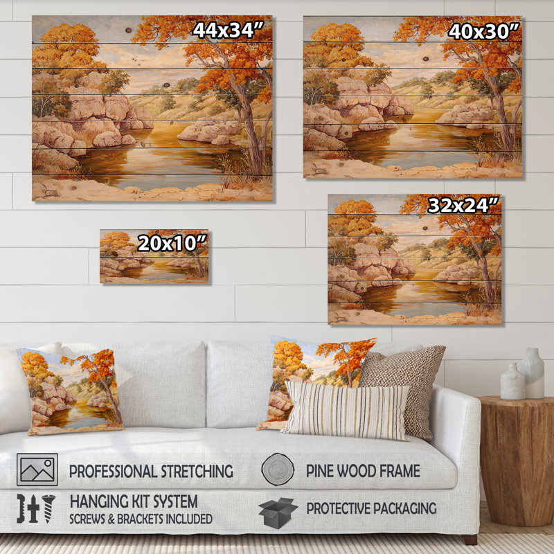 Pecos River In Texas I - Décoration murale paysage moderne sur bois de pin naturel, H 10 po x l 20 po