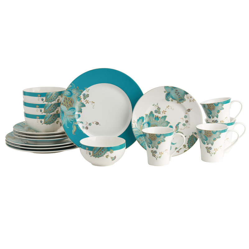 Service de vaisselle en porcelaine sarcelle de 16 pièces 222 Fifth Eliza - Service pour 4 personnes, assiettes, bols et tasses