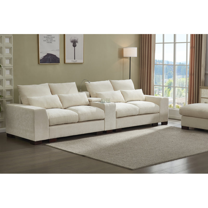 131.5” W Oversized 6-seater Composable Modular Sofa With Cupholder Console  With Usb Port And 2 Ottomans, Beige Chenille