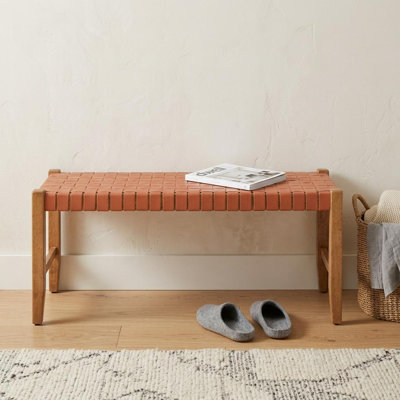 Banc de salle à manger rembourré en cuir véritable brun clair et naturel 48 pouces Gracie Mills