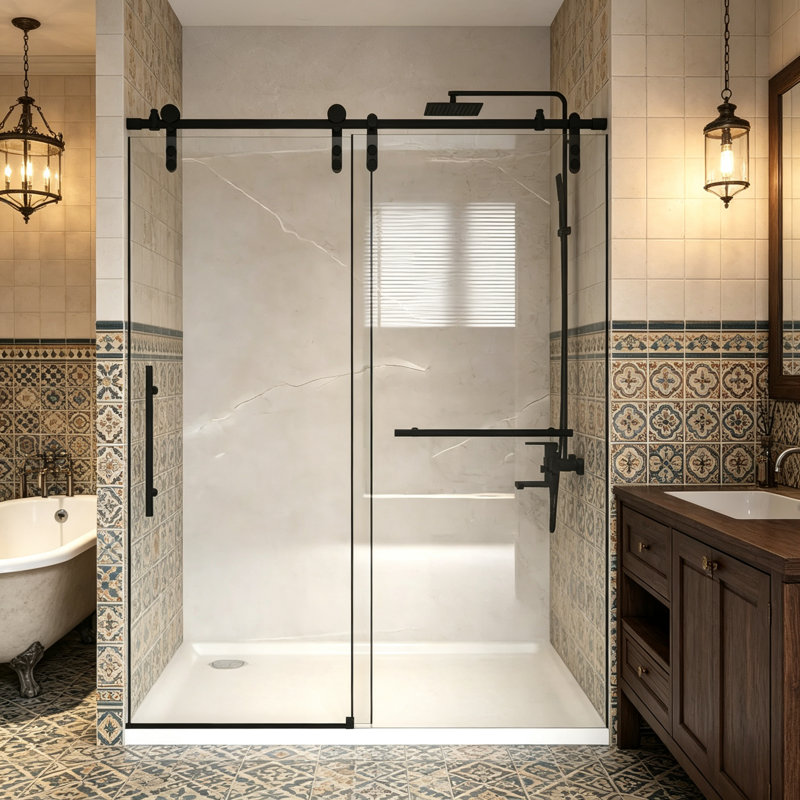 Porte de douche coulissante sans cadre noir mat 48 po x H 76 po, verre trempé transparent de 5/16 po (8 mm) avec quincaillerie en acier inoxydable