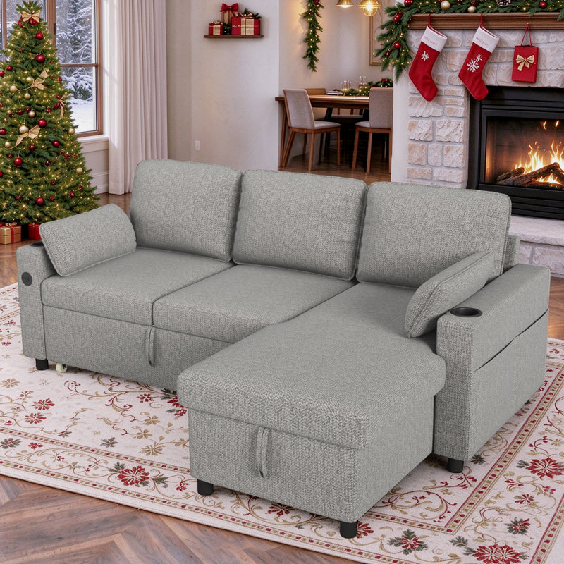 L Shaped Sofa Sleeper & Chaise, Light Gray