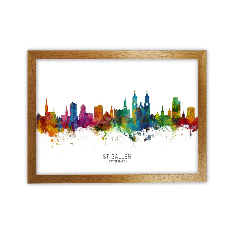 St. Gallen Switzerland Skyline by Michael Tompsett - Print, Brown Framed, 25cm H x 34cm W x 3cm D