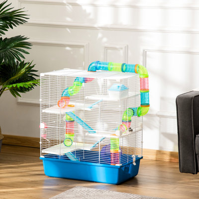 Très grand hamster 23 po - 5 avec tubes et tunnels, poignées portatives, roue d'exercice, bouteille d'eau, plat à nourriture, cage en acier bleu par 5 niveaux