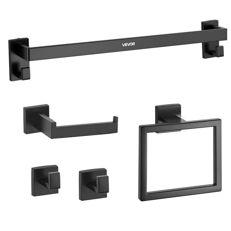 Matte Black Bathroom Hardware Set, 5 Pieces Stainless Steel Bathroom Accessories Set, 24-Inch Towel Bar, Towel Rack, 2 Robe Towel Hooks, Toilet Paper Holder, For Bath Room, Wall Mounted