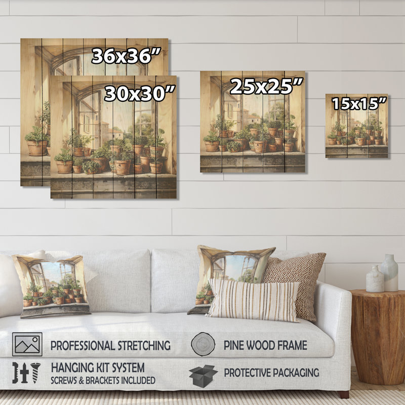 Italian Poteries Window Charm - Farmhouse Windows On Wood Print, 15" H x 15" W