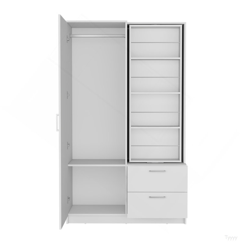 Armoire Vinco, 1 porte, 2 tiroirs, 6 tablettes, 1 miroir, blanc - Chambre