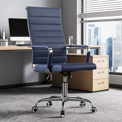 Ergonomic Mid-Back Executive Office Chair, Ribbed PU Leather Conference Task Chair with Arms, Adjustable Swivel Seating for Home & Office, Blue