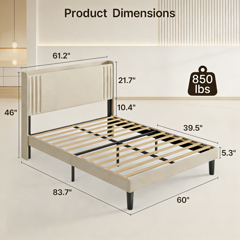 Lit plateforme à oreilles Bettyjean: structure en bois et métal + rangement sous le lit, Beige, Grand