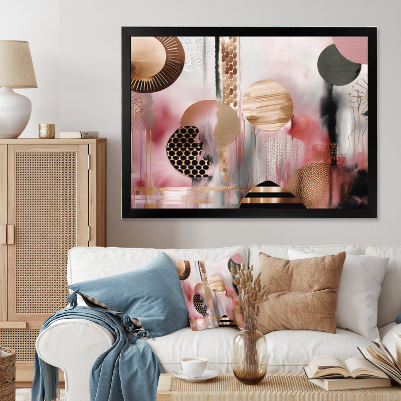 Pink Gold Lines Scenery II - Print on Canvas, Black Picture Framed, 44" W x 34" H