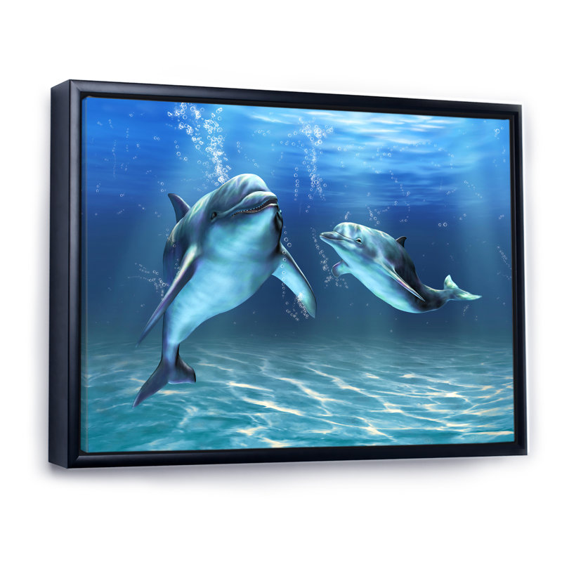 Deux dauphins bleus - Impression sur toile, H 30 po x l 40 po, Cadre flottant noir